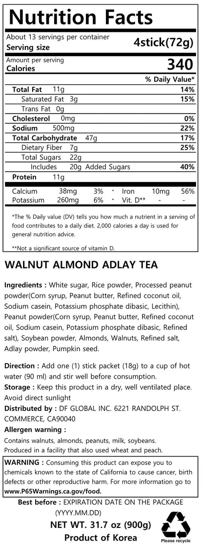 Damtuh Walnut Almond Adlay Tea Drink Mix – Korean Yulmu Cha (Job’s Tears) Roasted Grain & Nut Latte-Style Powder with Crunchy Nut Bits, Caffeine-Free, 18g x 50 Sticks
