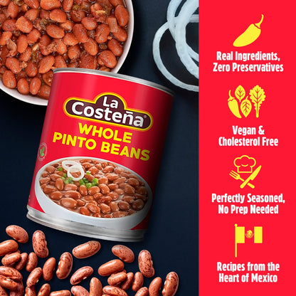 La Costeña Whole Pinto Beans - Ready-to-Eat Canned Pinto Beans for Mexican Food, Vegetarian Chili Ingredients, Bean Dip, Bean Burger, Burrito & Vegan Protein Salad - 19.75 oz, 12 Pack Canned Food