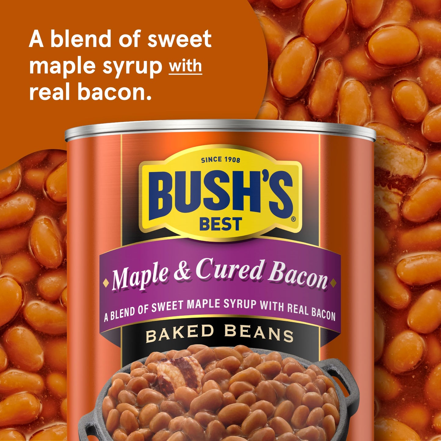 BUSH'S BEST 16 oz Canned Maple Cured Bacon Baked Beans Source of Protein and Fiber, Low Fat, Gluten Free, (Pack of 12)