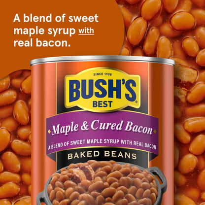 BUSH'S BEST 16 oz Canned Maple Cured Bacon Baked Beans Source of Protein and Fiber, Low Fat, Gluten Free, (Pack of 12)