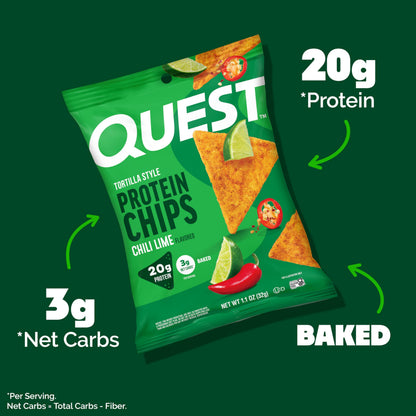 Quest Nutrition Chili Lime Tortilla Style Protein Chips, 20g Protein, 3g Net Carbs, Low Carb, Gluten Free, 1.1 oz (Pack of 12)