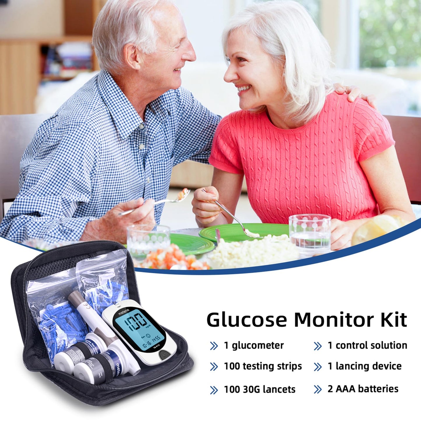Metene TD-4116 Blood Glucose Monitor Kit, 100 Glucometer Strips, 100 Lancets, 1 Blood Sugar Monitor, Blood Sugar Test Kit with Control Solution, Lancing Device, No Coding, Large Display