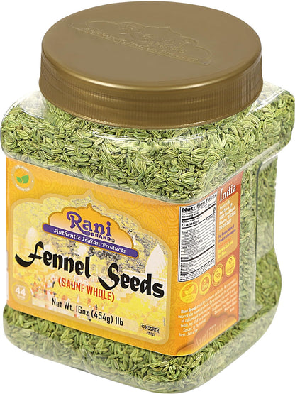 Rani Fennel Seeds (Saunf Sabut) Whole Spice 16oz (1lb) 454g PET Jar ~ All Natural | Gluten Friendly | NON-GMO | Kosher | Vegan | Indian Origin