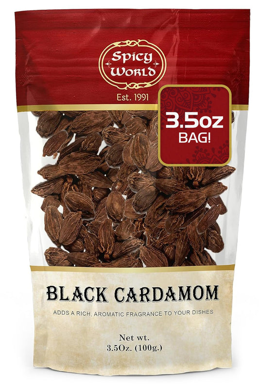 Black Cardamom Pods 3.5 Oz Bag (100gm) | Whole Kali Elaichi Indian Spice by Spicy World