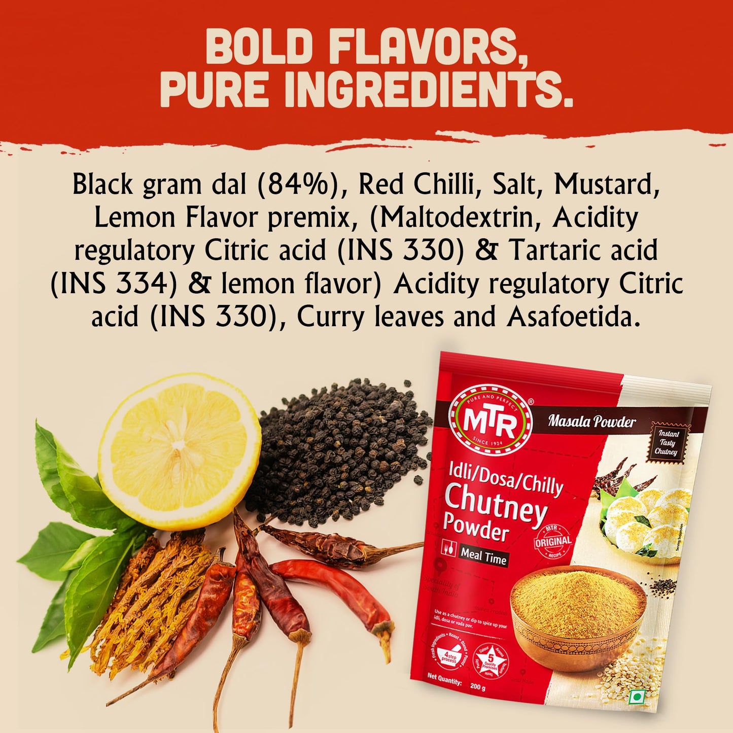 MTR Spiced Chutney Powder - Indian Spice Blend with Black gram dal, Red Chilli, Curry Leaves, Mustard, and Asafoetida - Instant and Easy to use - Ideal for Meal Time - 200g