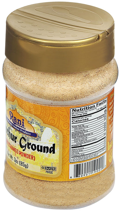 Rani Amchur (Mango) Ground Powder Spice 3oz (85g) PET Jar ~ All Natural, Indian Origin | No Color | Gluten Friendly | Vegan | NON-GMO | Kosher | No Salt or fillers