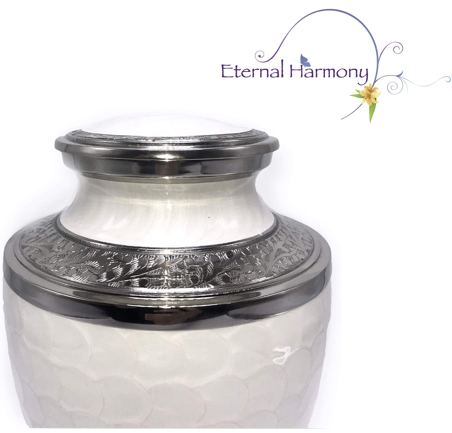 Eternal Harmony Large Urn for Ashes, Adult Male & Female Cremation Urn for Human Ashes with Elegant Finishes, Secure Seal & Velvet Bag, Funeral Vase for Men & Women Up to 200 lbs (White Pearl)