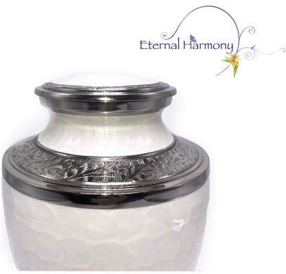 Eternal Harmony Large Urn for Ashes, Adult Male & Female Cremation Urn for Human Ashes with Elegant Finishes, Secure Seal & Velvet Bag, Funeral Vase for Men & Women Up to 200 lbs (White Pearl)