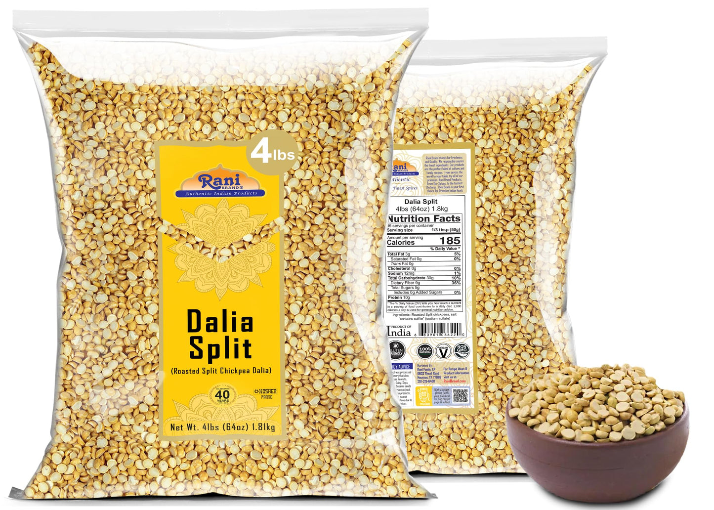 Rani Daliya Split (Roasted Split Chickpeas Dalia) 4lbs (64oz) ~ All Natural | Vegan | Indian Origin