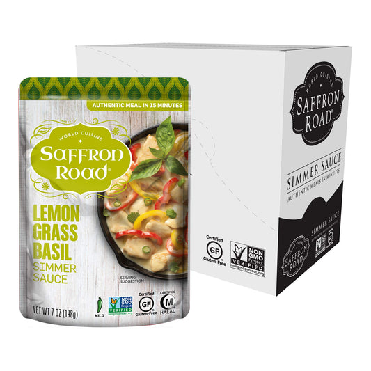 Saffron Road Lemongrass Basil Simmer Sauce | Globally Inspired Simmer Sauce | Gluten-free, Vegan, Non-GMO, and Certified Halal and Kosher | 7.0oz Pouch | Pack of 8