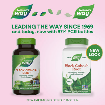 Nature's Way Black Cohosh Root, Traditional Support for Women's Health*, 540 mg per Serving, Non-GMO Project Verified, 180 Capsules (Packaging May Vary)
