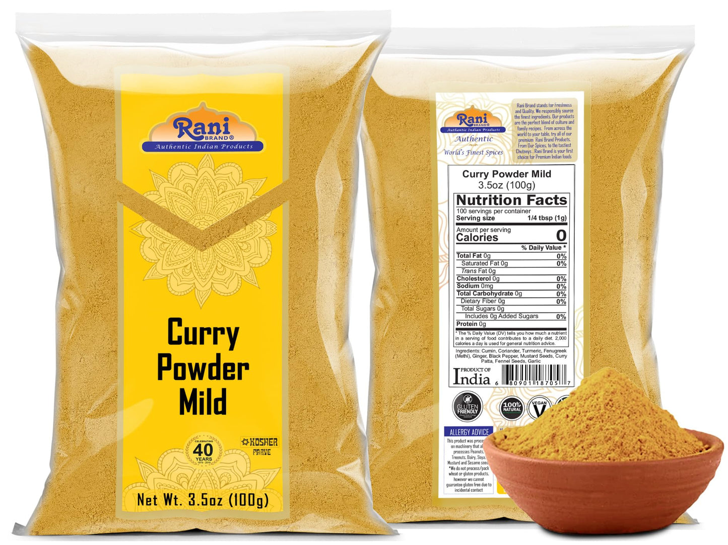 Rani Curry Powder Mild (10-Spice Authentic Indian Blend) 3.5oz (100g) ~ All Natural | Salt-Free | NO Chili or Peppers | Vegan | No Colors | Gluten Friendly | NON-GMO | Kosher | Indian Origin
