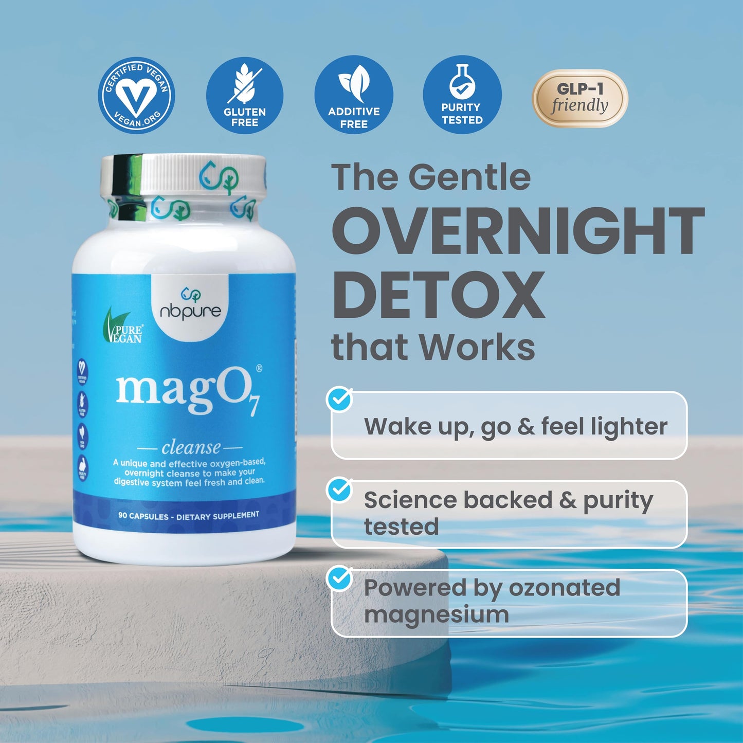nbpure MagO7 - Natural Colon Cleanse & Detox - Occasional Constipation Relief, Stool Softener, & Bloating Support for Men & Women - Ozonated Magnesium Oxide, 180 Capsules