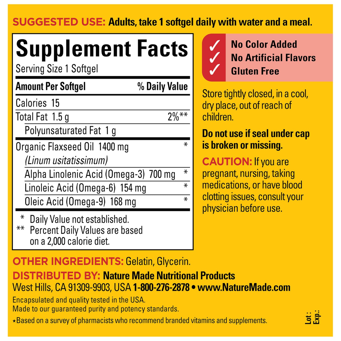 Nature Made Extra Strength Flaxseed Oil 1400 mg, Fish Free Omega 3 Supplement, Dietary Supplement for Heart Health Support, 100 Softgels, 100 Day Supply