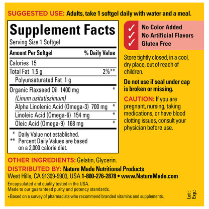 Nature Made Extra Strength Flaxseed Oil 1400 mg, Fish Free Omega 3 Supplement, Dietary Supplement for Heart Health Support, 100 Softgels, 100 Day Supply