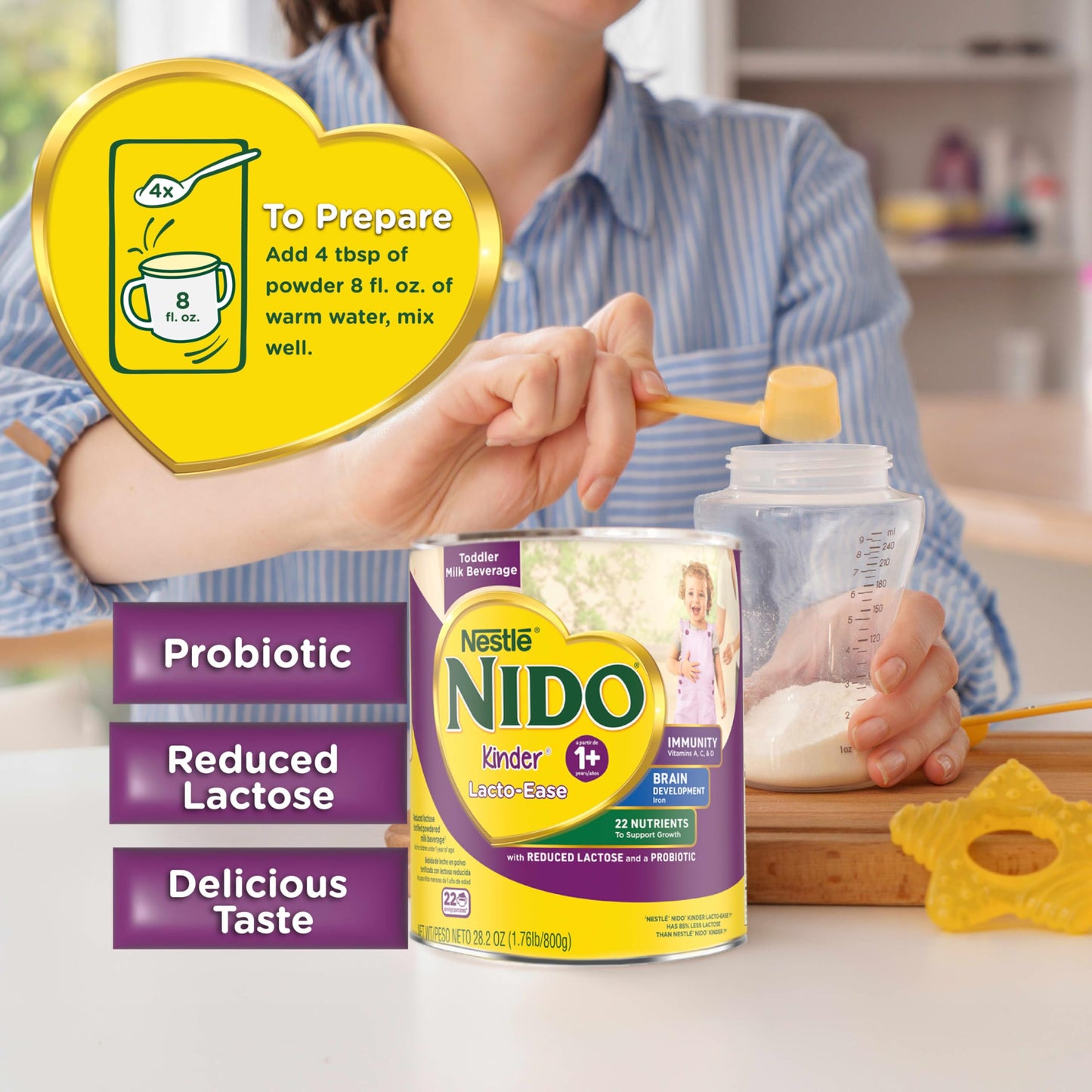 Nestlé NIDO Lacto-Ease Toddler Milk Beverage Powder Mix, Reduced Lactose, Toddler Nutritional Drink, Powdered Milk for Toddlers, 22 Servings per Container, 28.2 OZ, Pack of 1