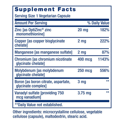Life Extension Only Trace Minerals, a Daily dose of zinc, Chromium, Boron, Copper, Manganese, Vanadyl sulfate, Gluten-Free, Non-GMO, Vegetarian, 90 Capsules