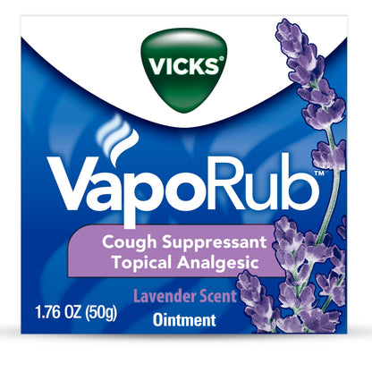 Vicks VapoRub, Lavender Scent, Cough Suppressant, Topical Chest Rub & Analgesic Ointment, Medicated Vicks Vapors, Relief from Cough Due to Cold, Aches & Pains, 1.76oz