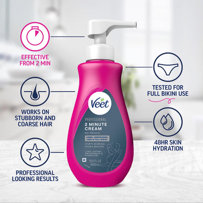 Veet Professional 2 Minute Cream for All Skin Types with Shea Butter, Full Bikini & Pubic Hair Removal, Dermatologically Tested, 13.5 FL OZ Bottle w/Spatula