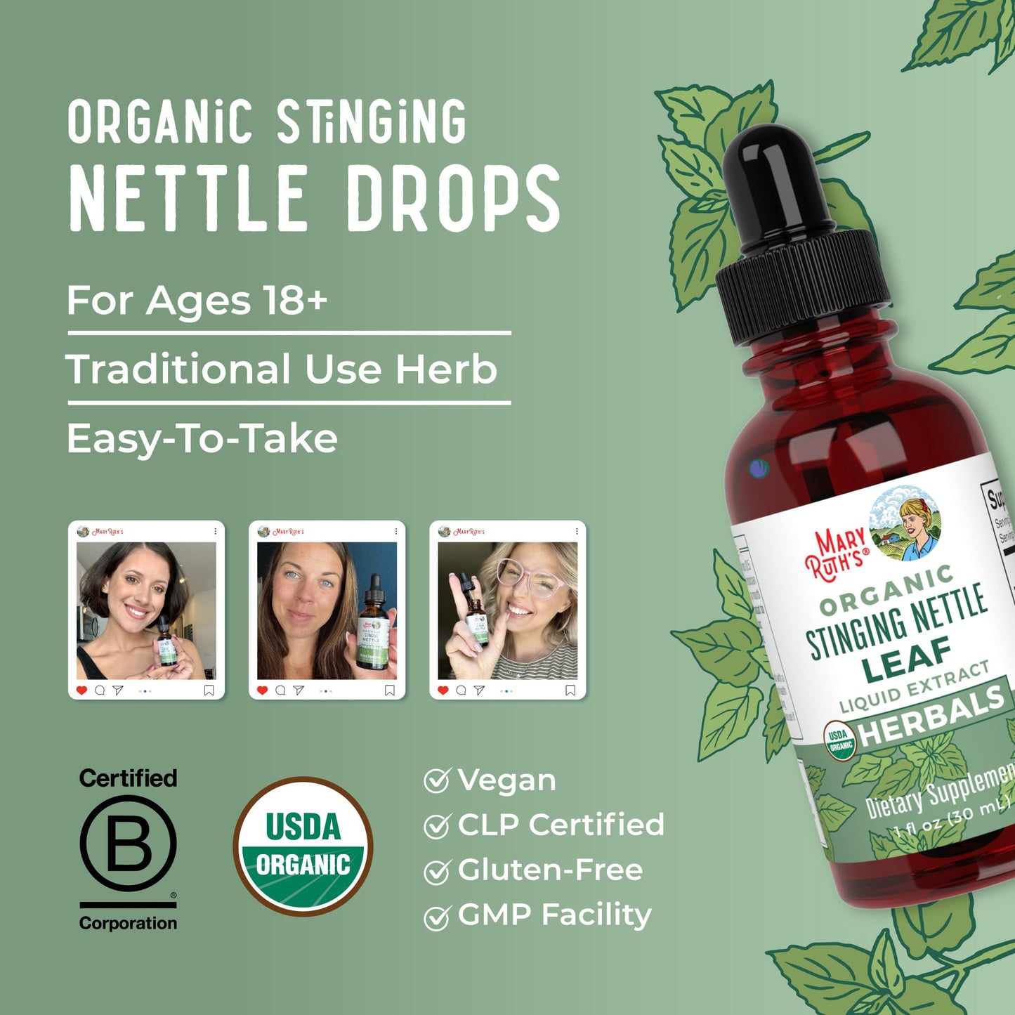 MaryRuth Organics Stinging Nettle Leaf Extract | Detox Supplement Herbal Drops | USDA Organic | Vegan | Non-GMO | Gluten Free | 1 Fluid Oz