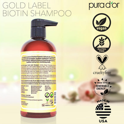 PURA D'OR Original Gold Label Anti-Thinning Shampoo – CLINICALLY TESTED Botanical Formula – Biotin & Argan Oil – Sulfate-Free Strengthening & Volumizing for Fuller-Looking Hair, Men & Women, 16 fl oz