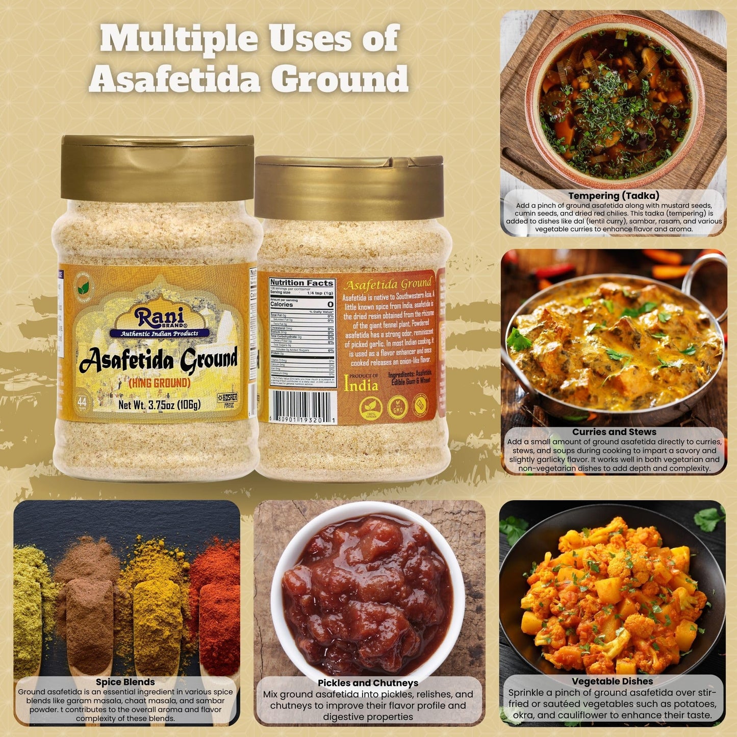 Rani Asafetida (Hing) Ground 3.75oz (106g) PET Jar ~ All Natural | Salt Free | Vegan | Non-GMO | Kosher | Asafoetida Indian Spice | Best for Onion Garlic Substitute