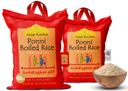 Asian Kitchen Ponni Boiled Rice 10-Pound Bag, 10lbs (4.54kg) Short Grain Par Boiled Rice ~ All Natural | Gluten Friendly | Vegan | Kosher | Indian Origin | Export Quality