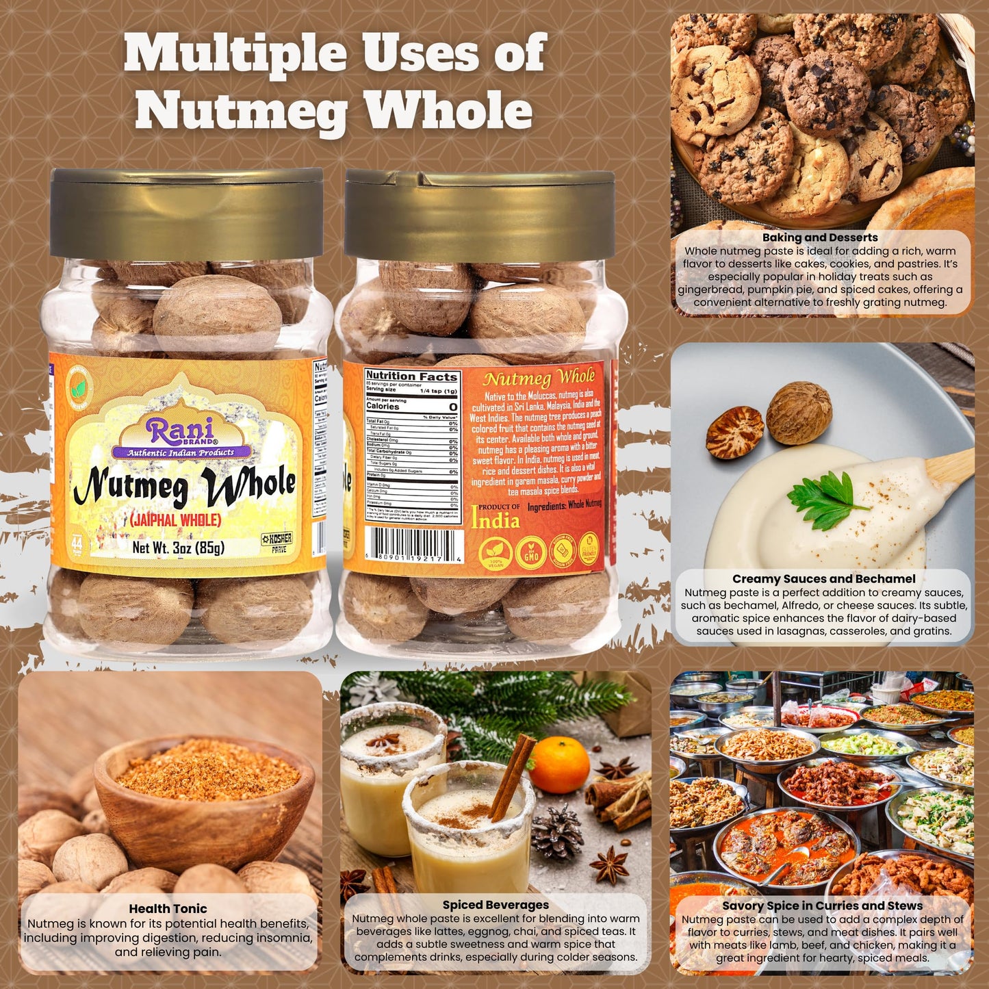 Rani Nutmeg (Jaiphul) Whole Spice, 17-19 Pieces, 3oz (85g) PET Jar ~ All Natural | Vegan | Gluten Friendly | NON-GMO | Kosher | Indian Origin