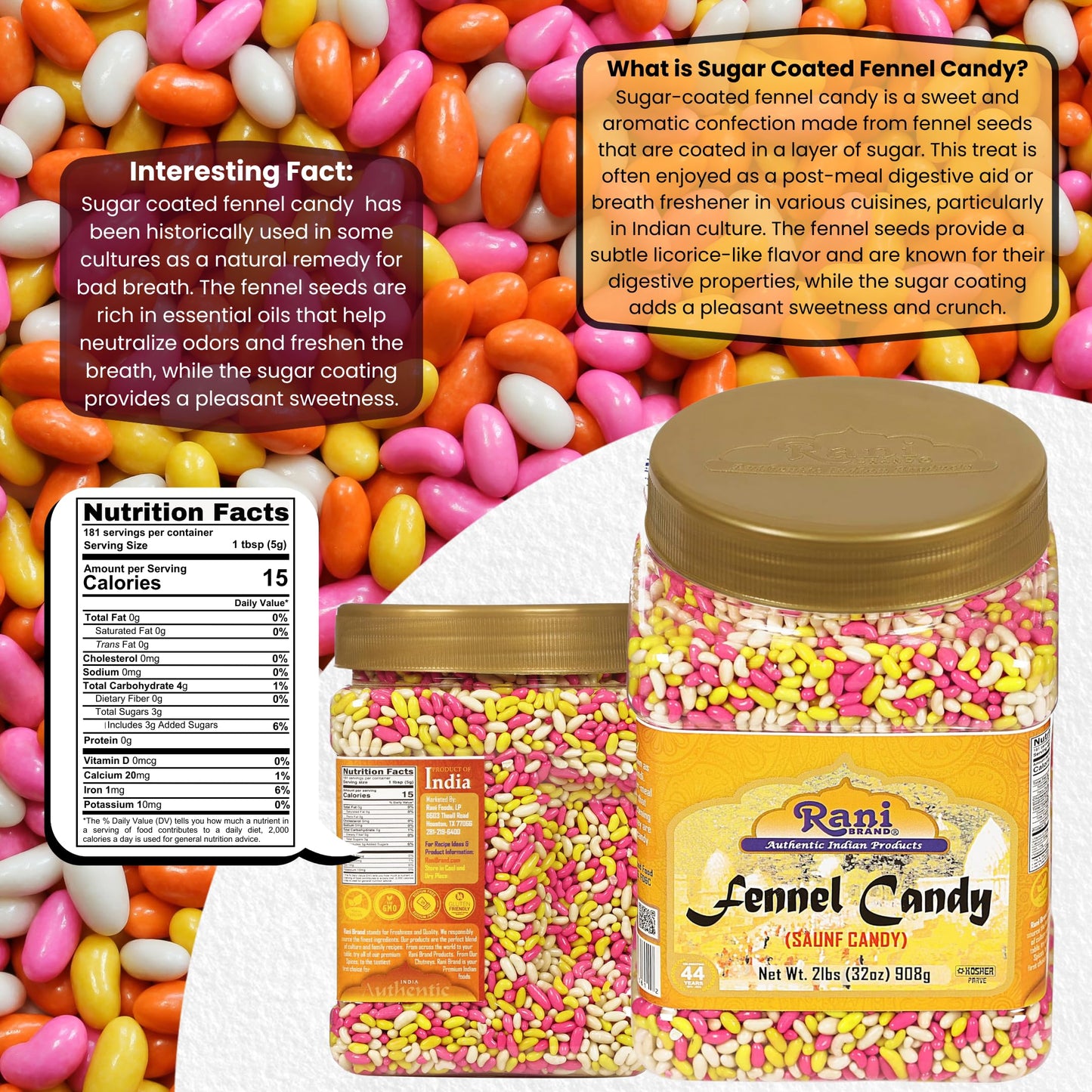 Rani Sugar Coated Fennel Candy 2lbs (32oz) 908g Bulk, PET Jar ~ Indian After Meal Digestive Treat | Vegan | Gluten Friendly | NON-GMO | Indian Origin