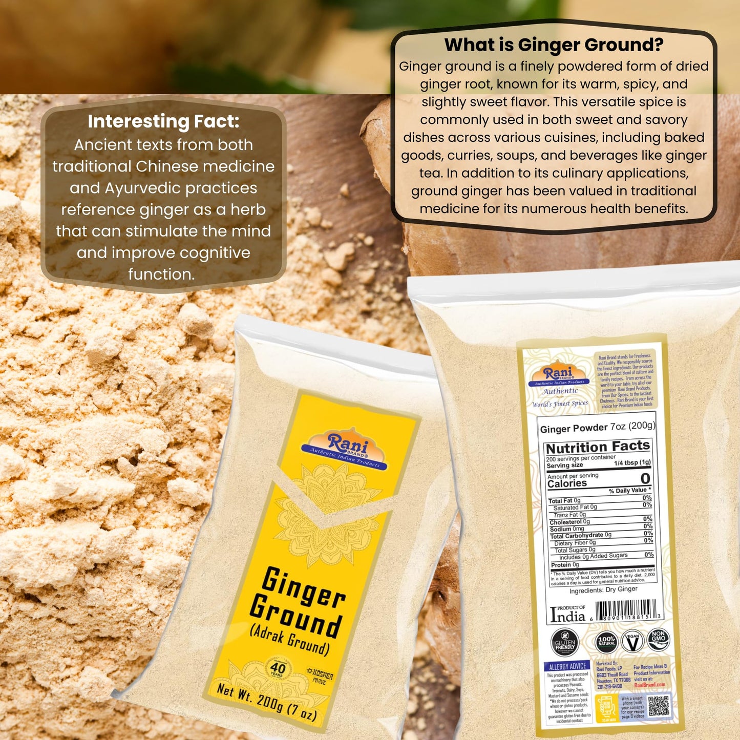 Rani Ginger (Adarak) Powder Ground, Spice 7oz (200g) ~ All Natural | Vegan | Gluten Friendly | NON-GMO | Kosher | Indian Origin