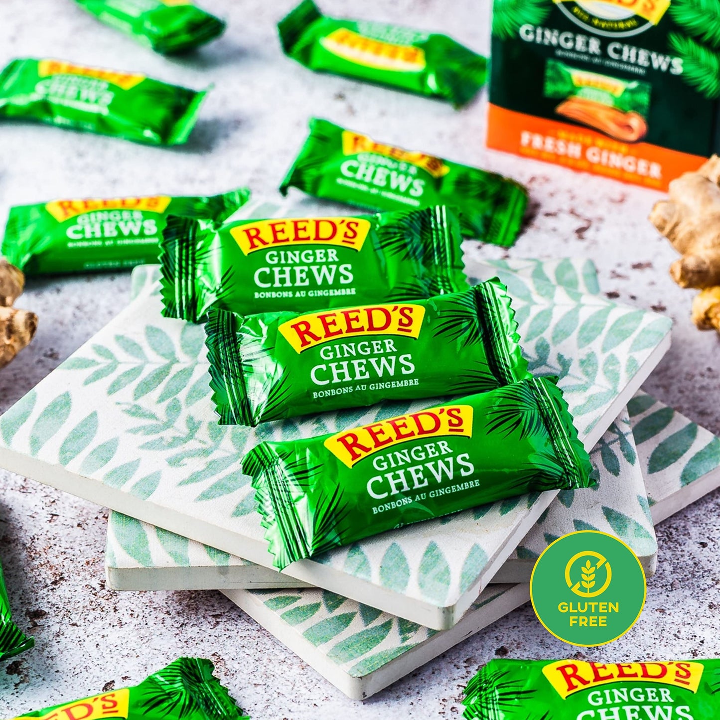Reed's All Natural Ginger Chews Chewy Ginger Candy - Sweet & Spicy Individually Wrapped Candy For Snacking, Upset Stomach & Morning Sickness - Vegan Snacks - 2oz Box, Bulk Pack of 20)