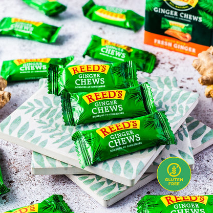 Reed's All Natural Ginger Chews Chewy Ginger Candy - Sweet & Spicy Individually Wrapped Candy For Snacking, Upset Stomach & Morning Sickness - Vegan Snacks - 2oz Box, Bulk Pack of 20)