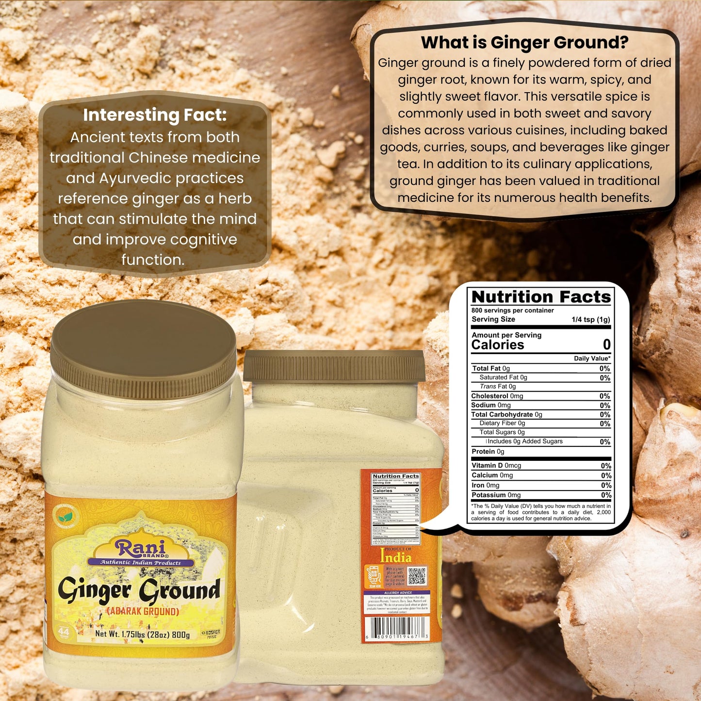 Rani Ginger (Adarak) Powder Ground, Spice 28oz (1.75lbs) 800g PET Jar ~ All Natural | Vegan | Gluten Friendly | NON-GMO | Kosher | Indian Origin