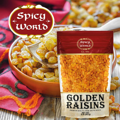 Spicy World Golden Raisins 2 LB Bulk Bag - Sweet & Seedless Sultanas from South Africa | | Perfectly Dried for Natural Sweetness | Ideal Dried Fruit Snack | For Baking & More | No Added Sugar