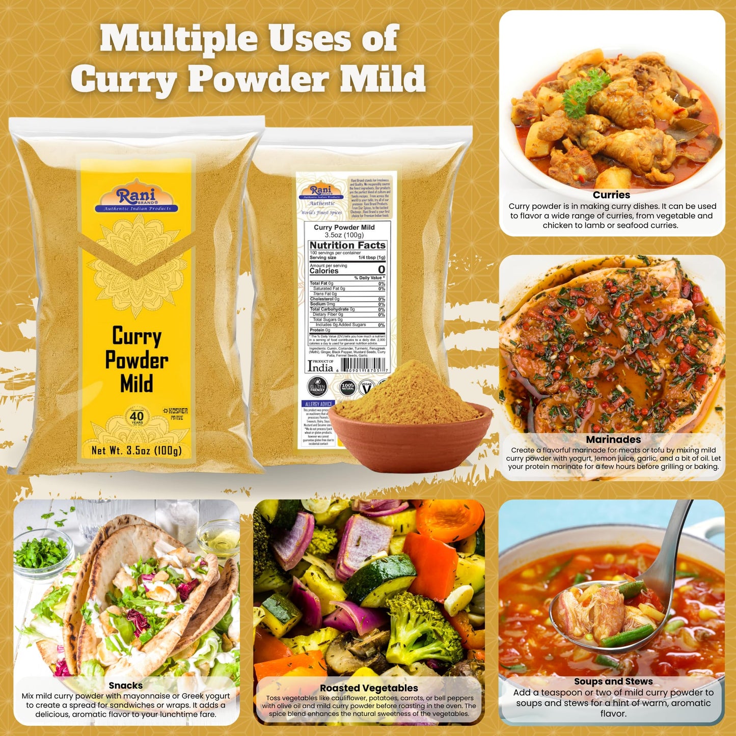 Rani Curry Powder Mild (10-Spice Authentic Indian Blend) 3.5oz (100g) ~ All Natural | Salt-Free | NO Chili or Peppers | Vegan | No Colors | Gluten Friendly | NON-GMO | Kosher | Indian Origin