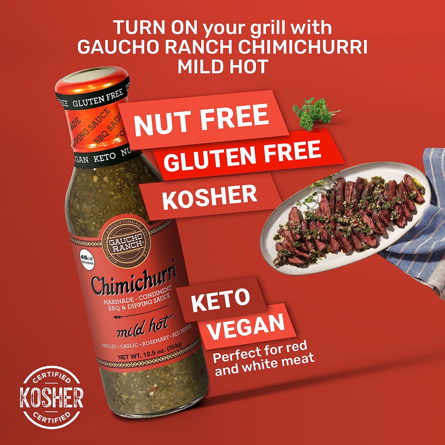 Gaucho Ranch Gourmet Chimichurri Steak Sauce Mild Hot | Authentic Argentinian Marinade & Meat Sauce for Beef, Chicken, Pork & Veggies | All Natural, Vegan, Gluten-Free, Keto, No Preservatives | 12.5oz