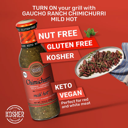 Gaucho Ranch Gourmet Chimichurri Steak Sauce Mild Hot | Authentic Argentinian Marinade & Meat Sauce for Beef, Chicken, Pork & Veggies | All Natural, Vegan, Gluten-Free, Keto, No Preservatives | 12.5oz