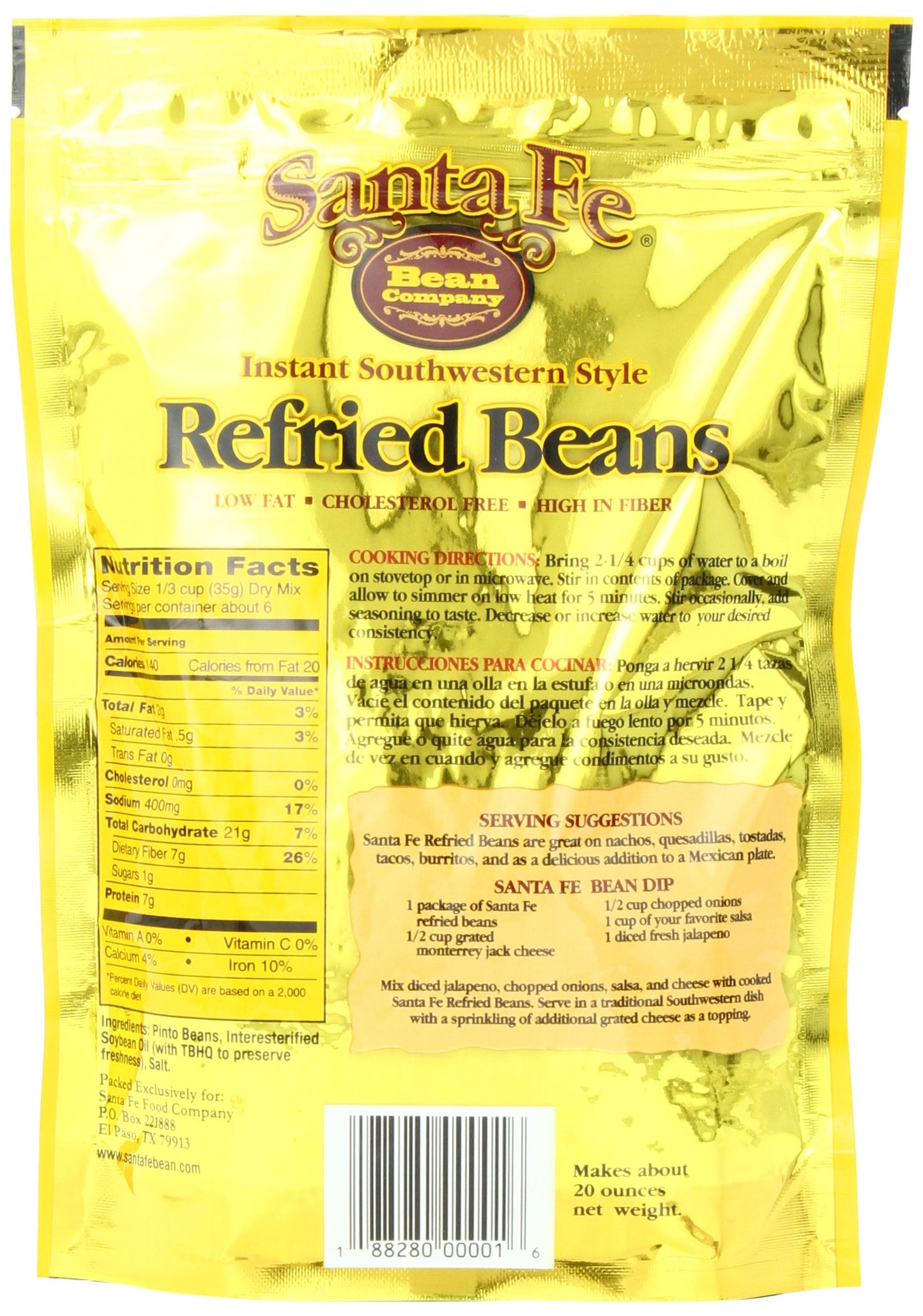 Santa Fe Bean Company Instant Southwestern Style Refried Beans 7.25-Ounce (Pack of 8) Instant Southwestern Style Refried Beans, High Fiber, Gluten-Free, A Great Source of Protein, Low Fat