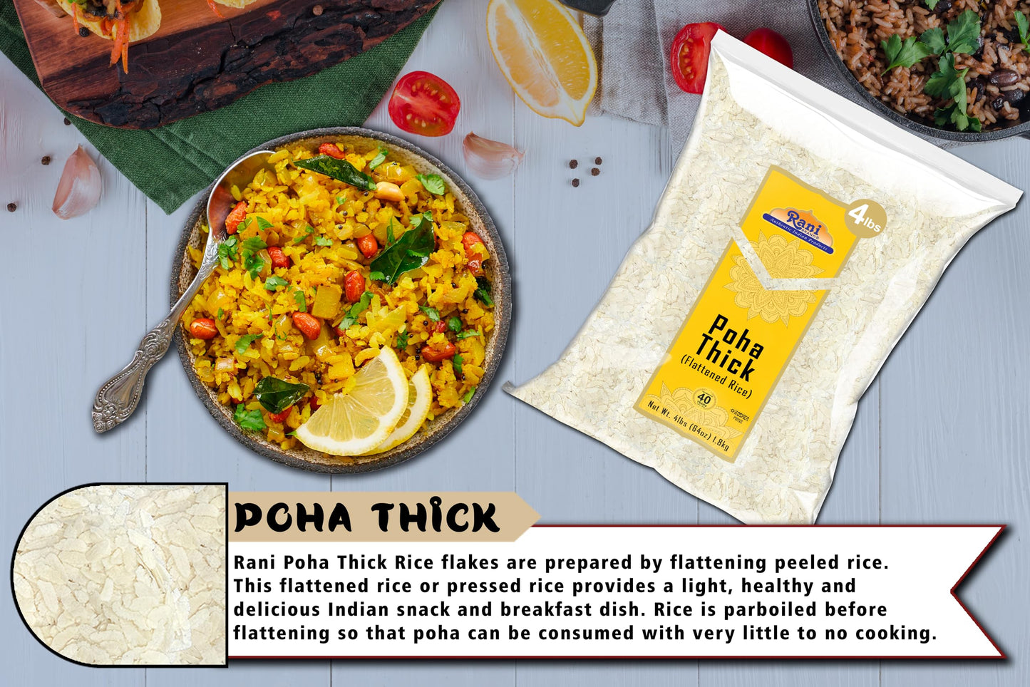 Rani Poha (Powa) Thick Medium-Cut (Flattened Rice) 64oz (4lbs) 1.81kg ~ All Natural, Salt-Free | Vegan | Kosher | No Colors | Gluten Friendly | Indian Origin