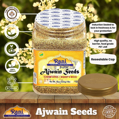 Rani Ajwain Seeds (Carom Bishops Weed) Spice Whole 16oz (1lb) 454g PET Jar ~ All Natural | Vegan | Gluten Friendly | NON-GMO | Kosher | Indian Origin