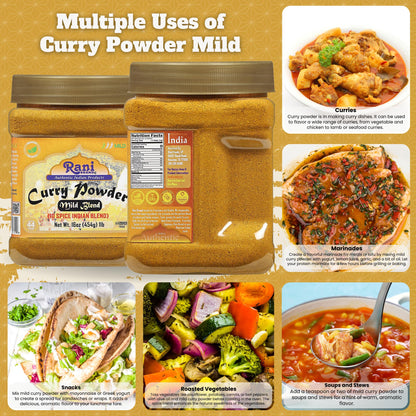 Rani Curry Powder Mild (10-Spice Authentic Indian Blend) 1lb (454g) PET Jar ~ All Natural | Salt-Free | NO Chili or Peppers | Vegan | No Colors | Gluten Friendly | NON-GMO | Kosher | Indian Origin