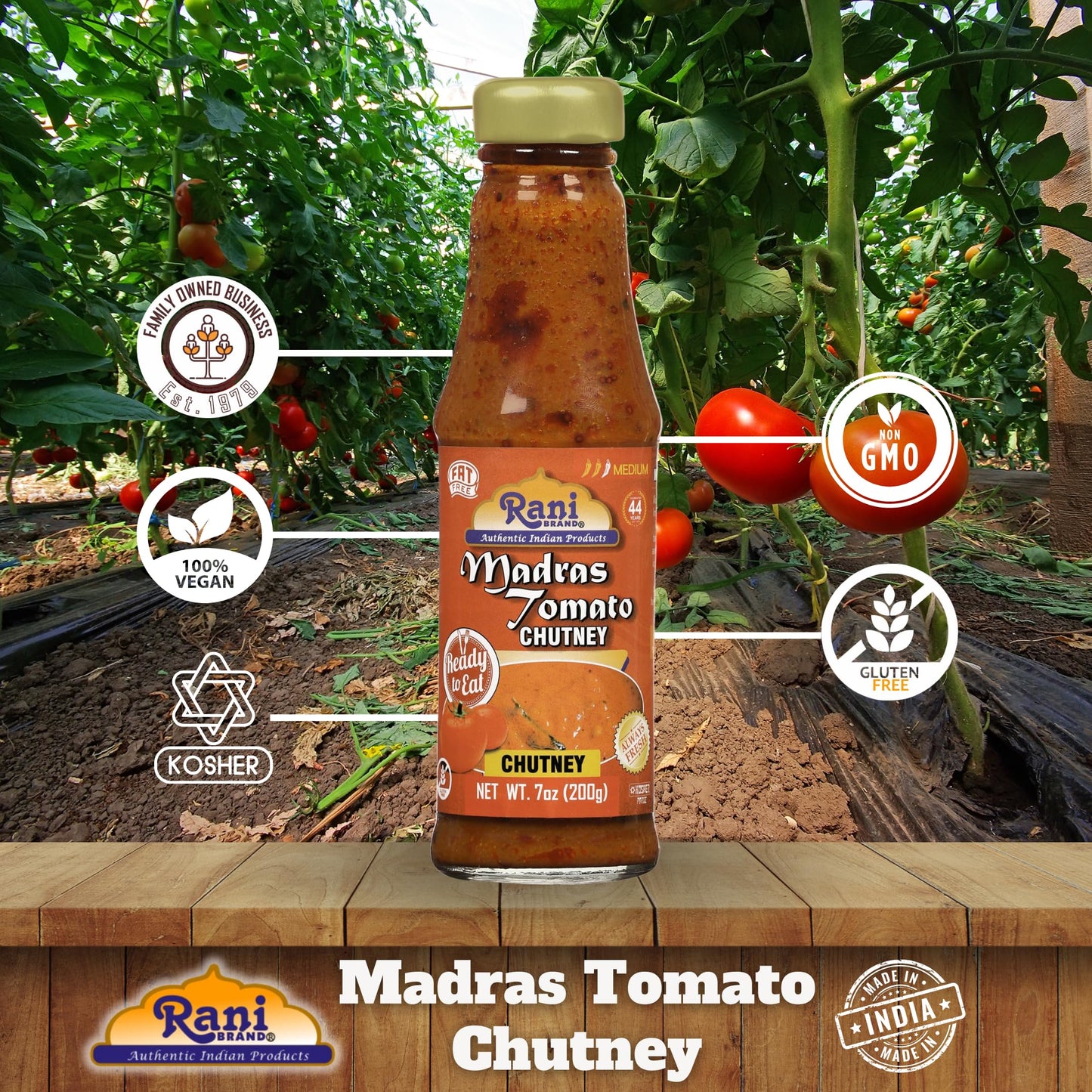 Rani Madras Tomato Chutney 7oz (200g) Glass Jar, Ready to eat, Vegan ~ Gluten Free | NON-GMO | No Colors | Indian Origin