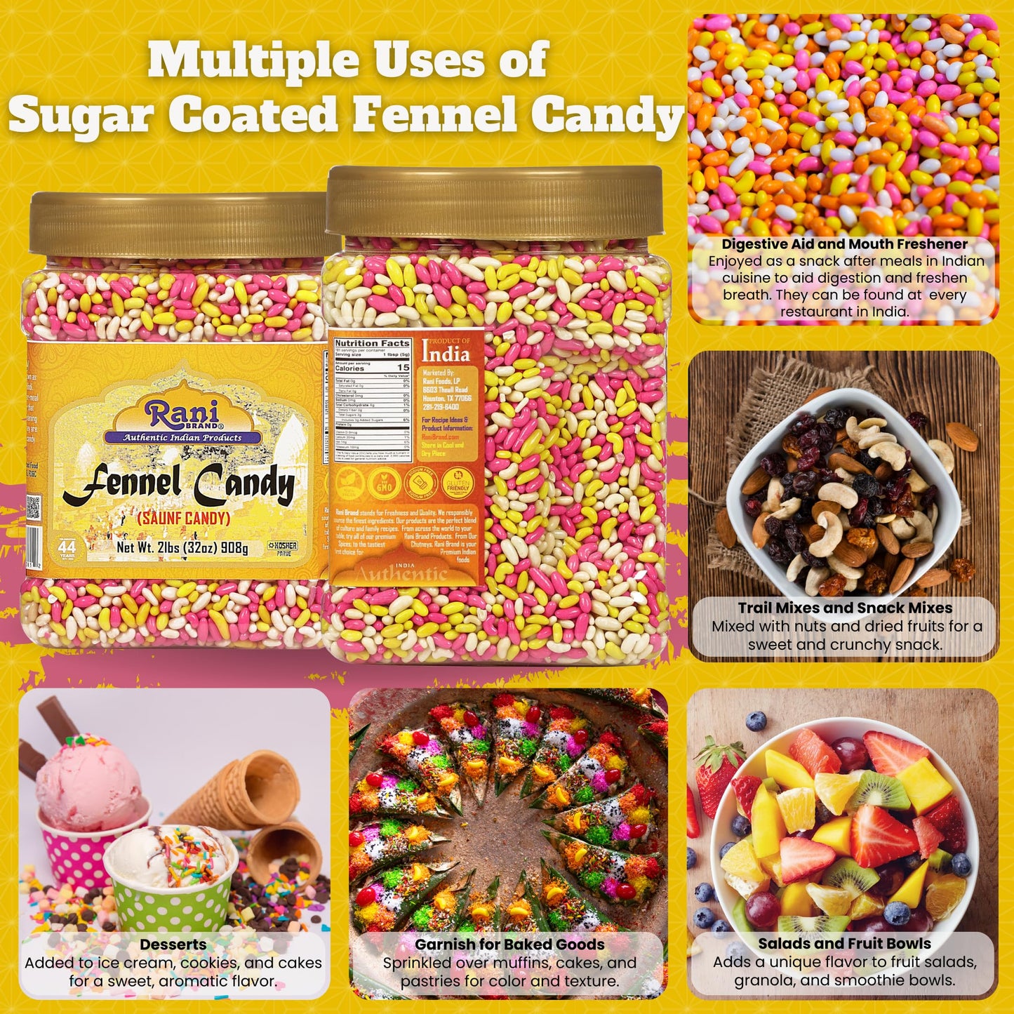 Rani Sugar Coated Fennel Candy 2lbs (32oz) 908g Bulk, PET Jar ~ Indian After Meal Digestive Treat | Vegan | Gluten Friendly | NON-GMO | Indian Origin
