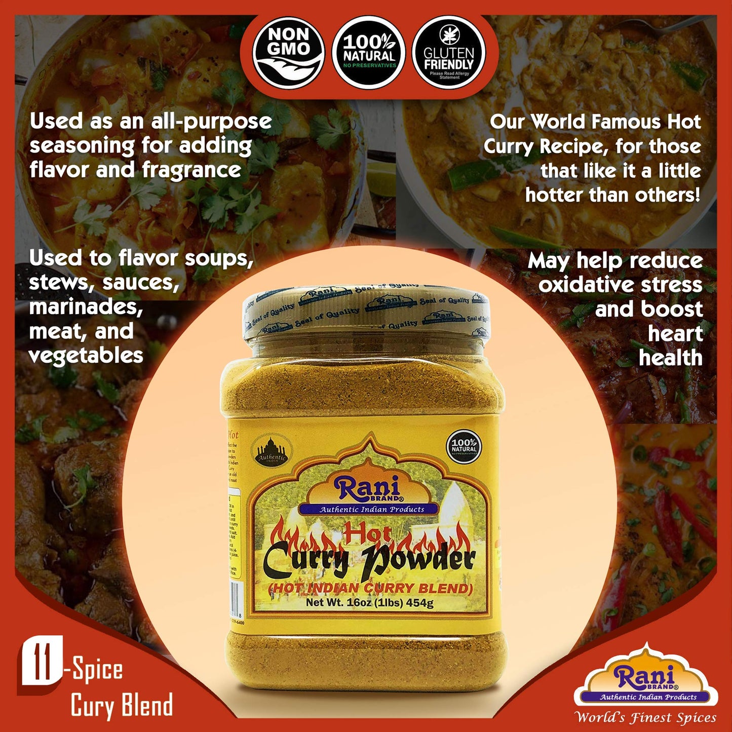 Rani Curry Powder Hot (11-Spice Authentic Indian Blend) 16oz (1lb) 454g PET Jar ~ All Natural | Salt-Free | Vegan | No Colors | Gluten Friendly | NON-GMO | Kosher | Indian Origin