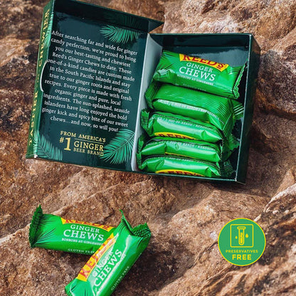 Reed's All Natural Ginger Chews Chewy Ginger Candy - Sweet & Spicy Individually Wrapped Candy For Snacking, Upset Stomach & Morning Sickness - Vegan Snacks - 2oz Box, Bulk Pack of 20)
