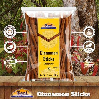 Rani Cinnamon Sticks 3.5oz (100g) - 18-22 Sticks - Strong Aroma, Perfect for Baking, Cooking & Beverages | 3+ Inches Length - Cassia Saigon Cinnamon from Vietnam | Kosher