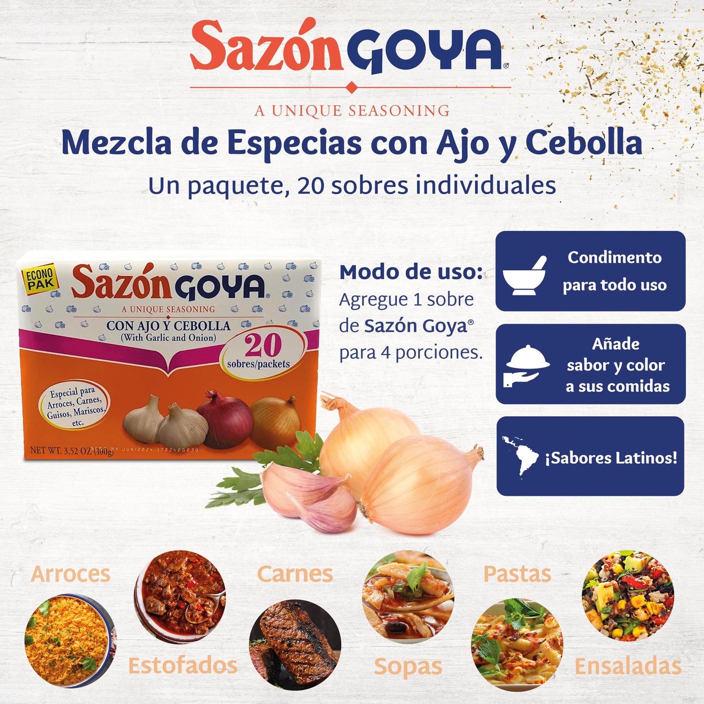 Sazón with Garlic and Onion by Goya, Latin Spice Blend for Poultry, Seafood, Meat and Vegetables, All Purpose Mexican Seasoning, 3.52oz Carton