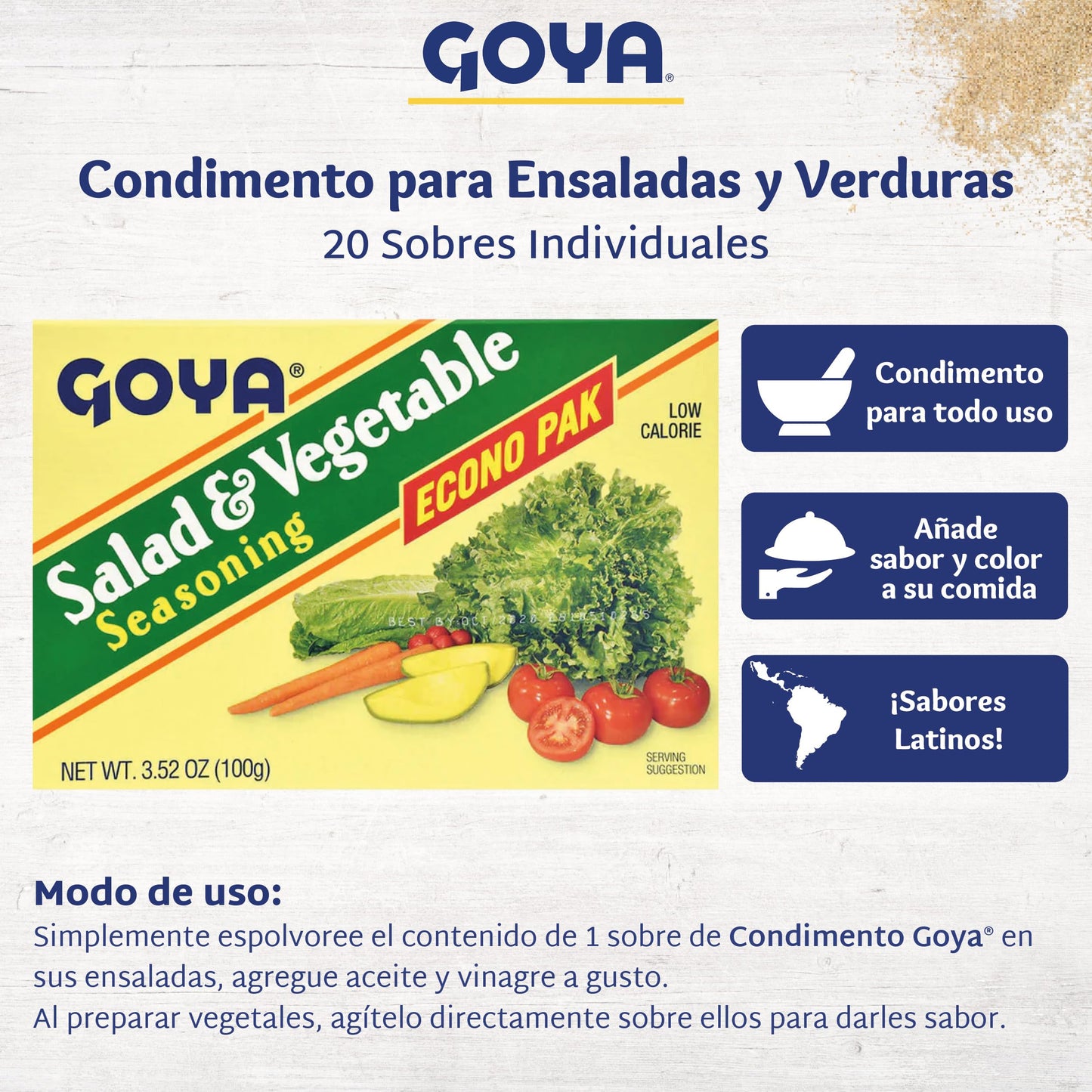Salad and Vegetable Seasoning by Goya, All Purpose Seasoning for Fresh Vegetables, Leafy Greens, and Garden Salads, Latin-Inspired Spice Blend, 6-Pack, 3.52oz Cartons
