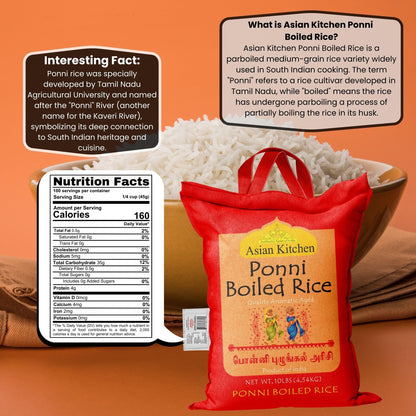 Asian Kitchen Ponni Boiled Rice 10-Pound Bag, 10lbs (4.54kg) Short Grain Par Boiled Rice ~ All Natural | Gluten Friendly | Vegan | Kosher | Indian Origin | Export Quality