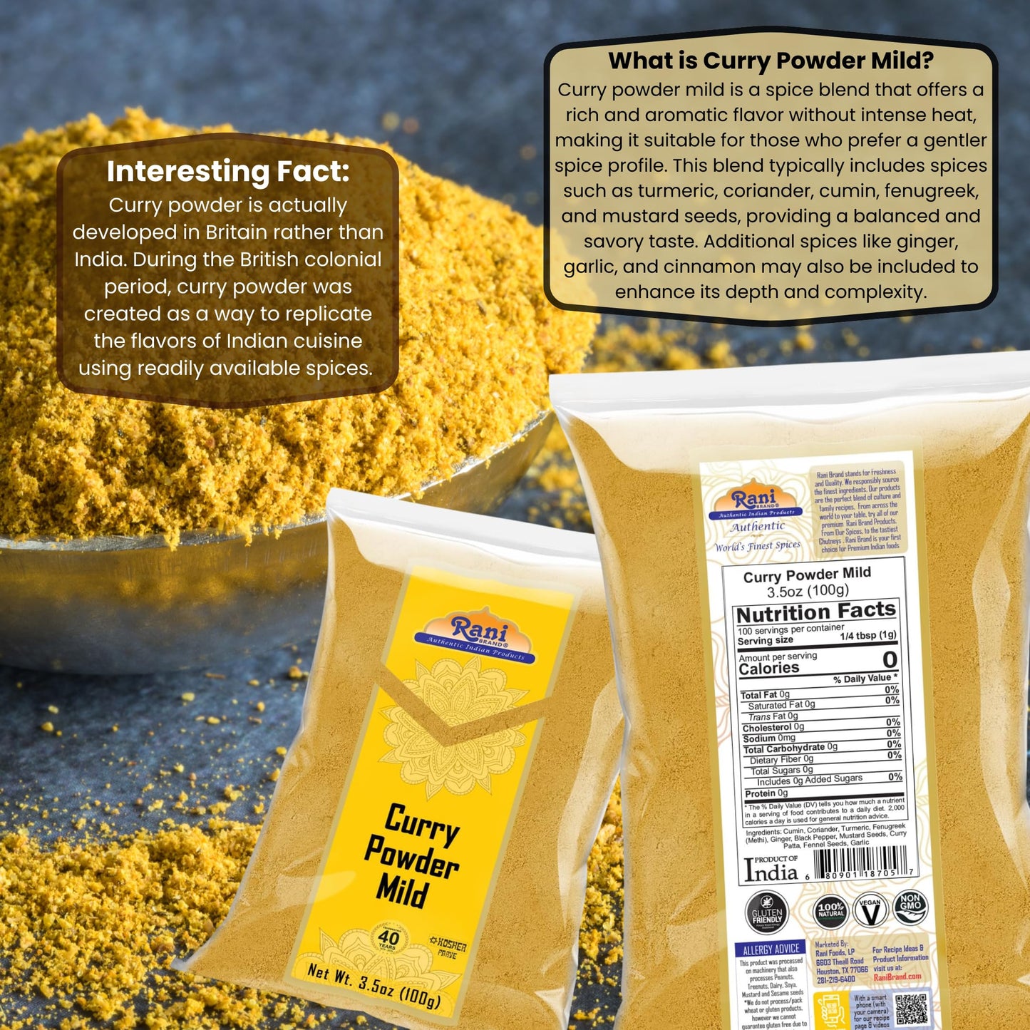 Rani Curry Powder Mild (10-Spice Authentic Indian Blend) 3.5oz (100g) ~ All Natural | Salt-Free | NO Chili or Peppers | Vegan | No Colors | Gluten Friendly | NON-GMO | Kosher | Indian Origin